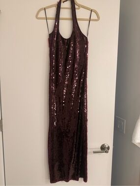 Zara Sequined Halter Maxi Dress in Deep Burgundy